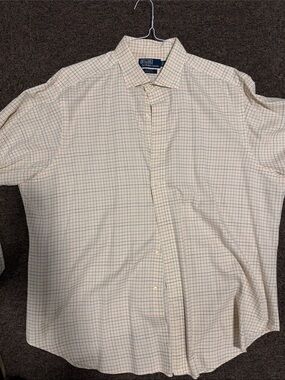 Polo by Ralph Lauren Men's Cream Button-Up Shirt with Green and Red Windowpane